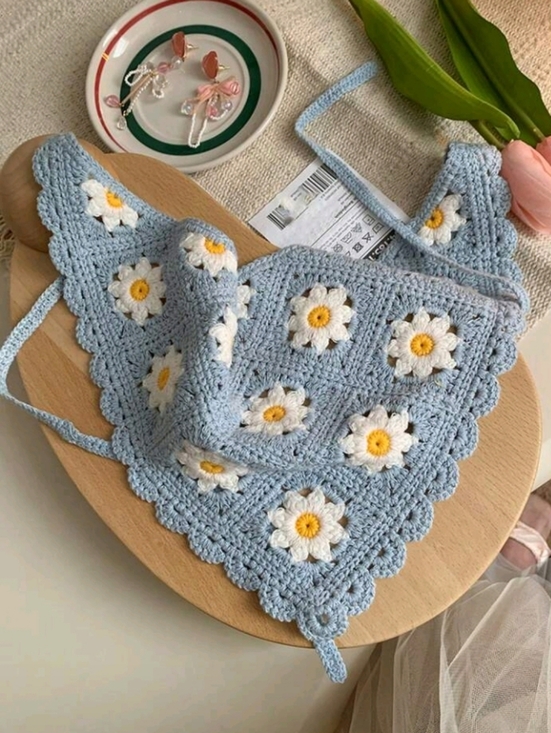 Artisan Accessories - Crochet Blue Daisy Bandana Boho Scallop Hair Scarf Cottagecore Summer